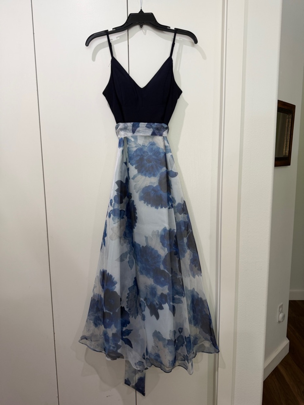 Eliza J Navy Bodice with Blue Floral Chiffon Midi Dress